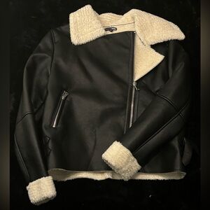 Genuine, leather, black jacket with fur
